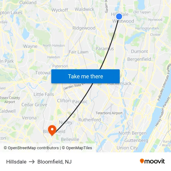 Hillsdale to Bloomfield, NJ map