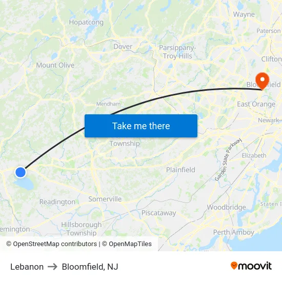Lebanon to Bloomfield, NJ map