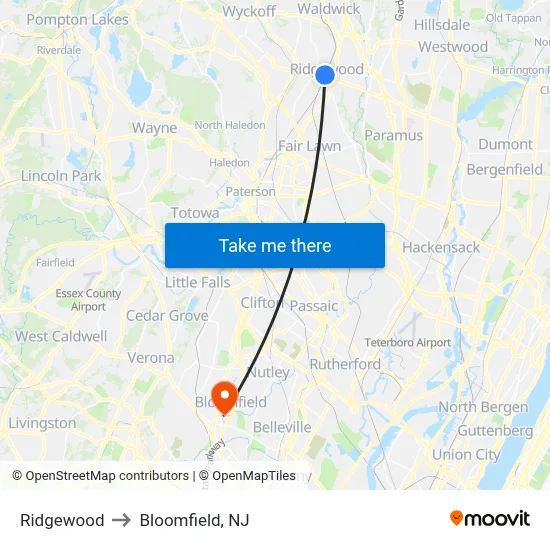 Ridgewood to Bloomfield, NJ map