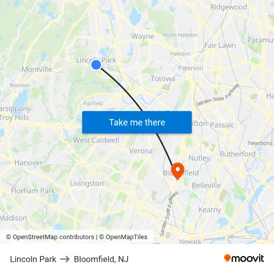 Lincoln Park to Bloomfield, NJ map