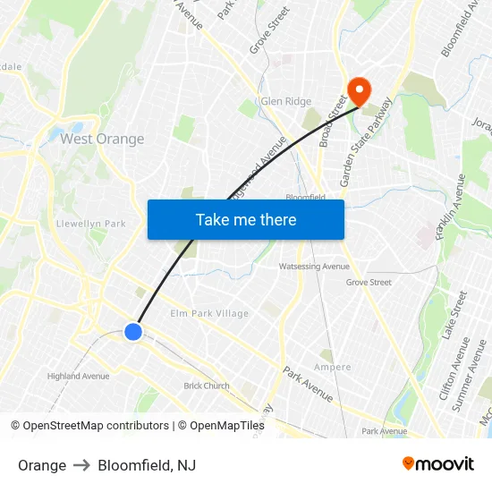 Orange to Bloomfield, NJ map