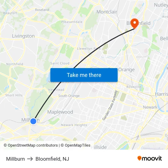 Millburn to Bloomfield, NJ map