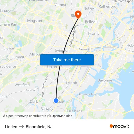 Linden to Bloomfield, NJ map