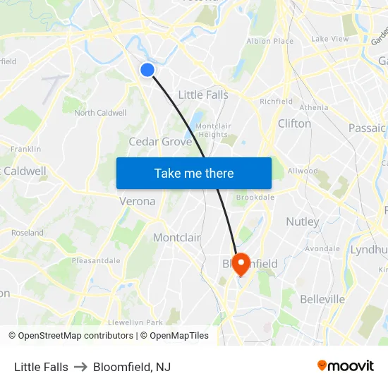Little Falls to Bloomfield, NJ map