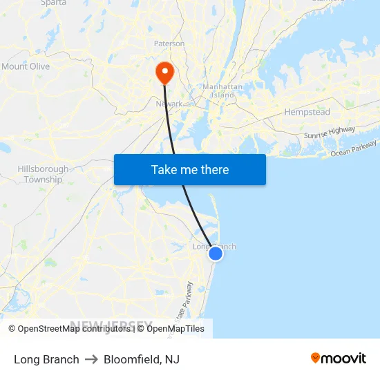 Long Branch to Bloomfield, NJ map