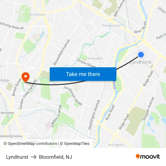 Lyndhurst to Bloomfield, NJ map