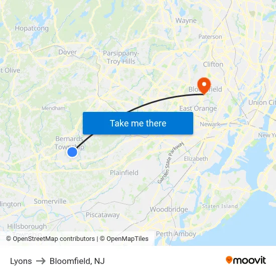 Lyons to Bloomfield, NJ map