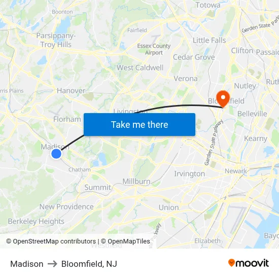 Madison to Bloomfield, NJ map