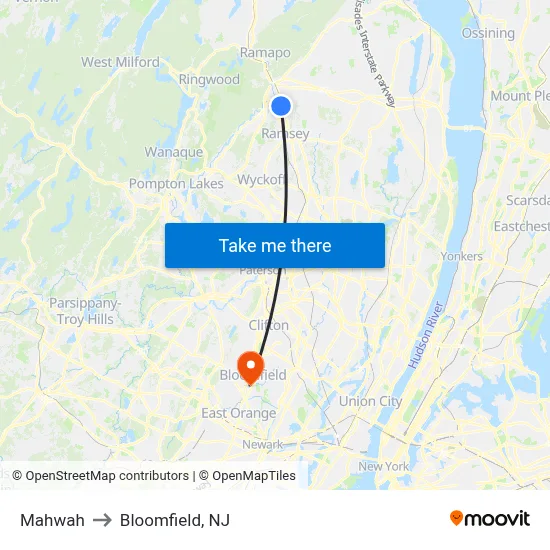 Mahwah to Bloomfield, NJ map