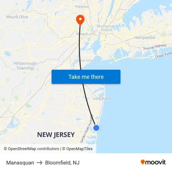 Manasquan to Bloomfield, NJ map