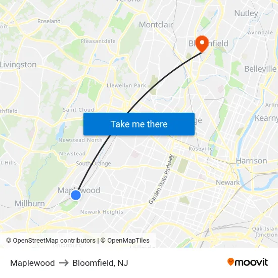 Maplewood to Bloomfield, NJ map