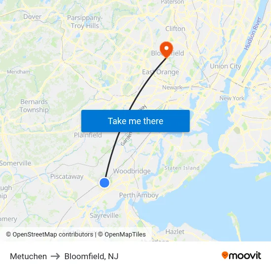 Metuchen to Bloomfield, NJ map