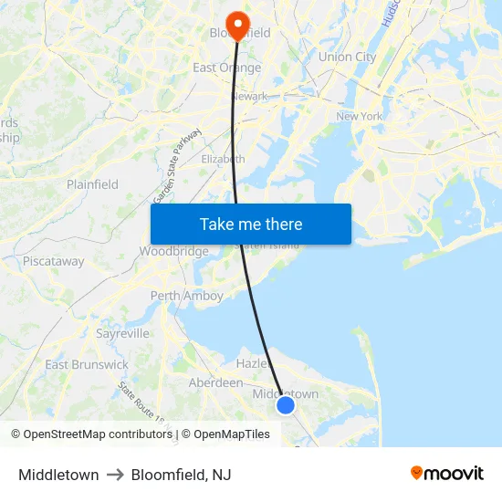 Middletown to Bloomfield, NJ map