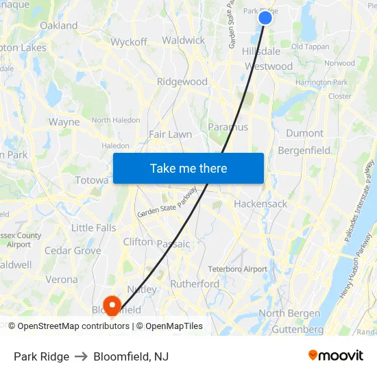Park Ridge to Bloomfield, NJ map