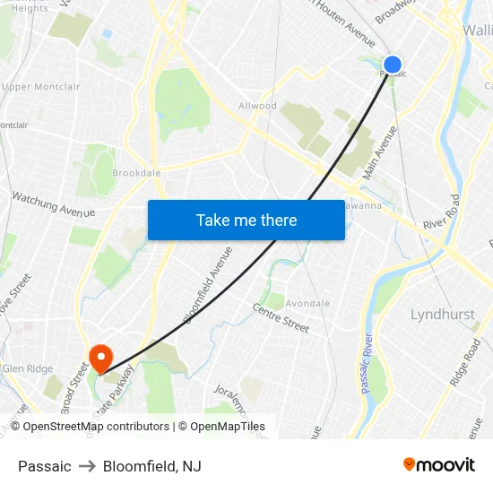Passaic to Bloomfield, NJ map