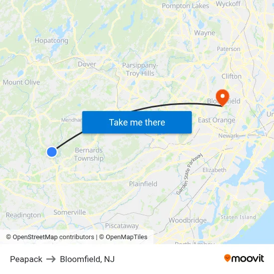 Peapack to Bloomfield, NJ map