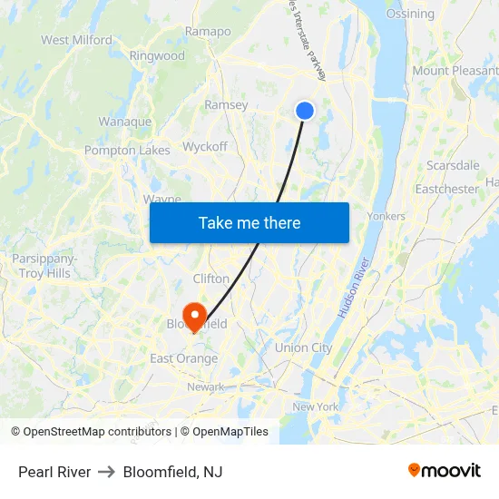 Pearl River to Bloomfield, NJ map