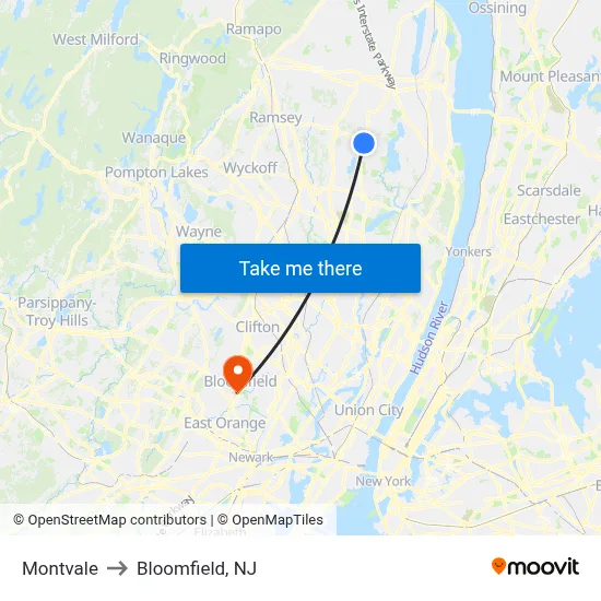 Montvale to Bloomfield, NJ map