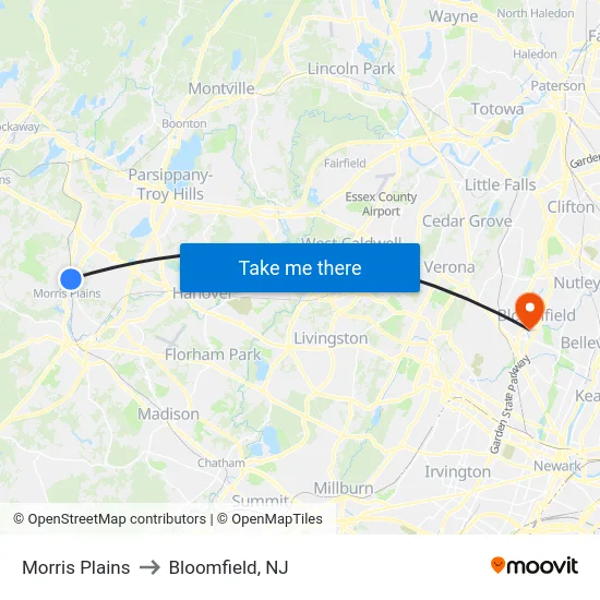 Morris Plains to Bloomfield, NJ map