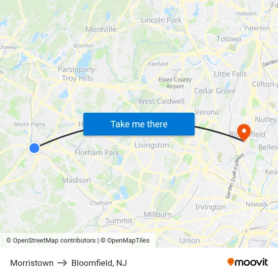 Morristown to Bloomfield, NJ map