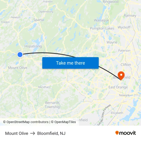Mount Olive to Bloomfield, NJ map