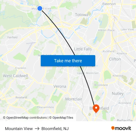 Mountain View to Bloomfield, NJ map