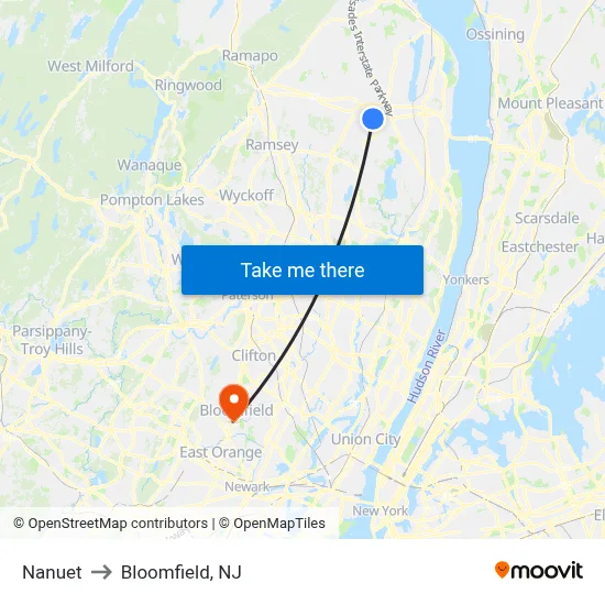 Nanuet to Bloomfield, NJ map