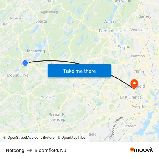 Netcong to Bloomfield, NJ map