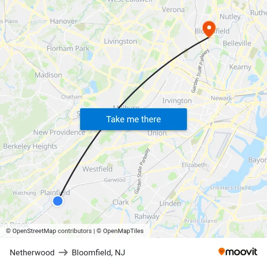 Netherwood to Bloomfield, NJ map