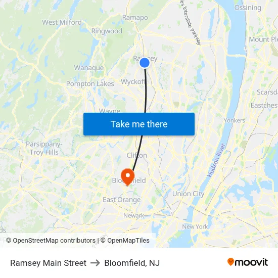 Ramsey Main Street to Bloomfield, NJ map