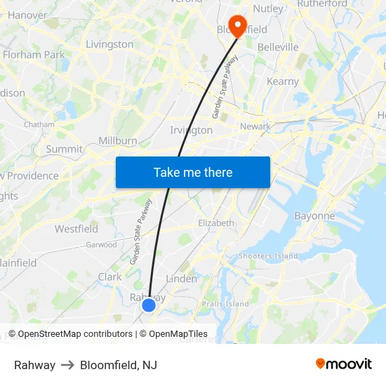 Rahway to Bloomfield, NJ map