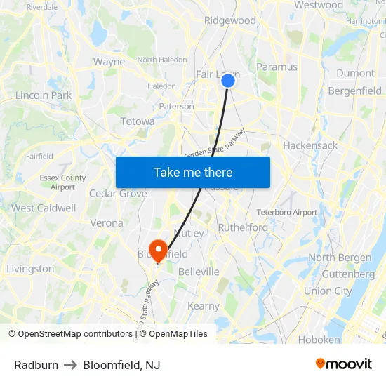 Radburn to Bloomfield, NJ map