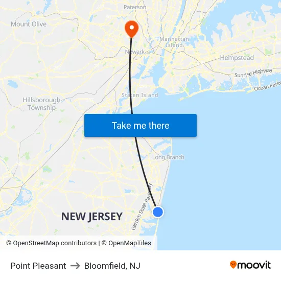 Point Pleasant to Bloomfield, NJ map