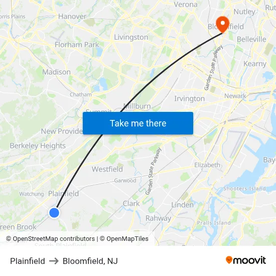 Plainfield to Bloomfield, NJ map