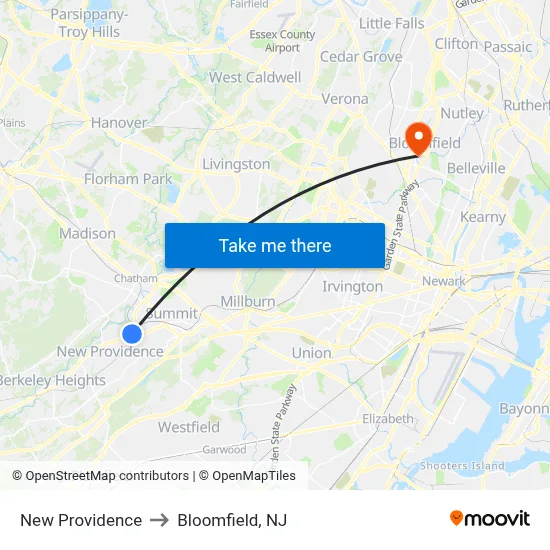 New Providence to Bloomfield, NJ map