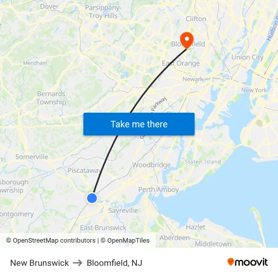New Brunswick to Bloomfield, NJ map