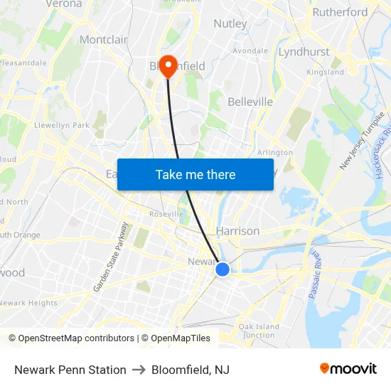Newark Penn Station to Bloomfield, NJ map