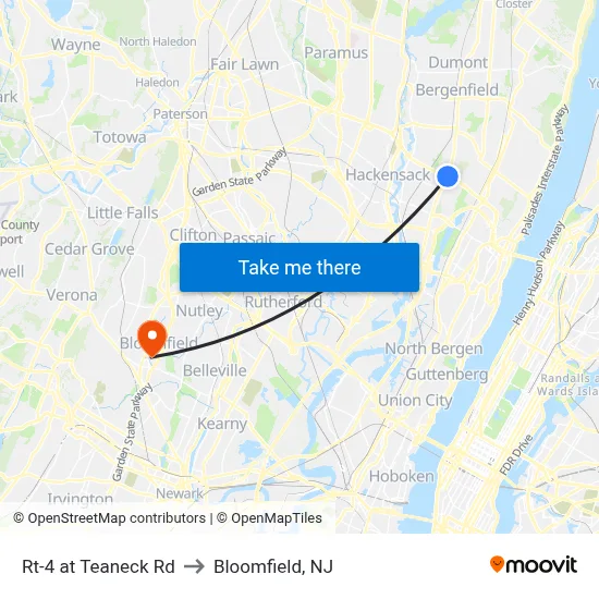 Rt-4 at Teaneck Rd to Bloomfield, NJ map