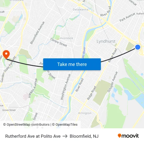 Rutherford Ave at Polito Ave to Bloomfield, NJ map