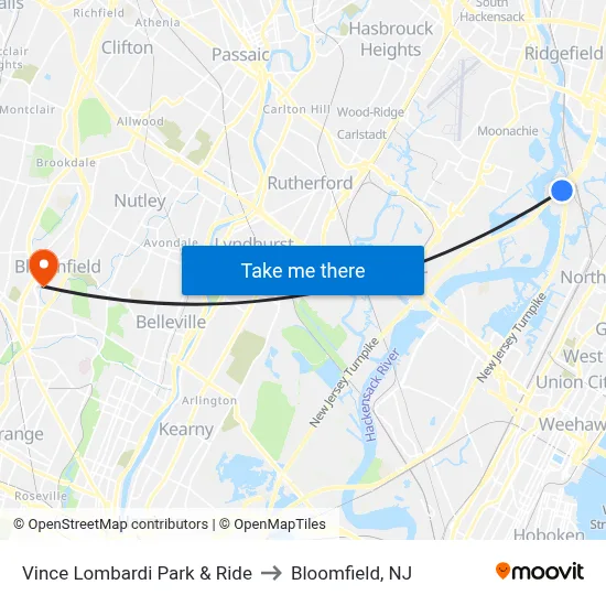 Vince Lombardi Park & Ride to Bloomfield, NJ map