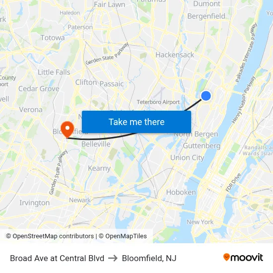 Broad Ave at Central Blvd to Bloomfield, NJ map