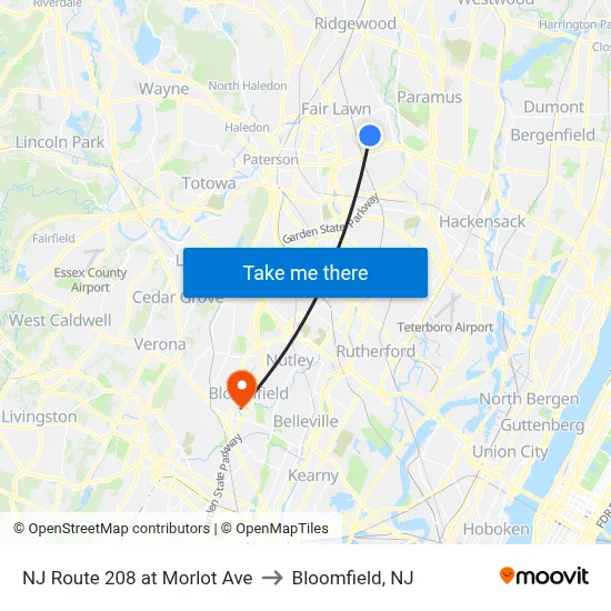 NJ Route 208 at Morlot Ave to Bloomfield, NJ map