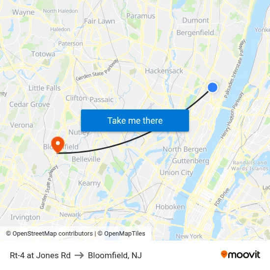 Rt-4 at Jones Rd to Bloomfield, NJ map