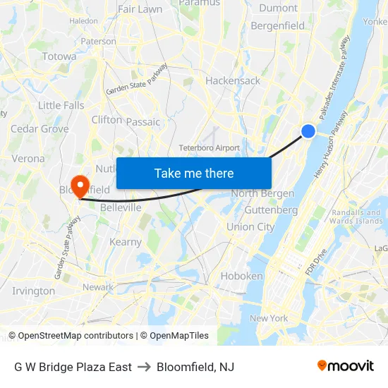 G W Bridge Plaza East to Bloomfield, NJ map