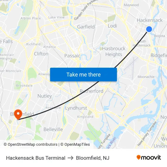 Hackensack Bus Terminal to Bloomfield, NJ map