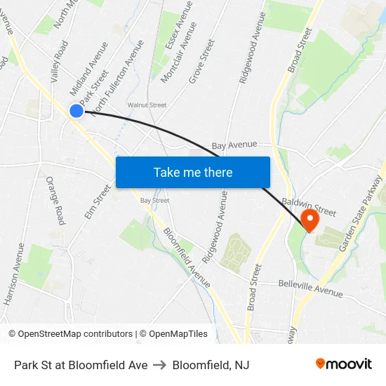 Park St at Bloomfield Ave to Bloomfield, NJ map