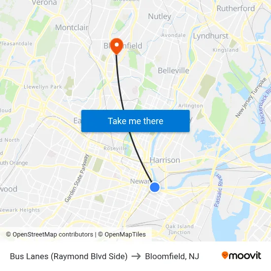 Bus Lanes (Raymond Blvd Side) to Bloomfield, NJ map
