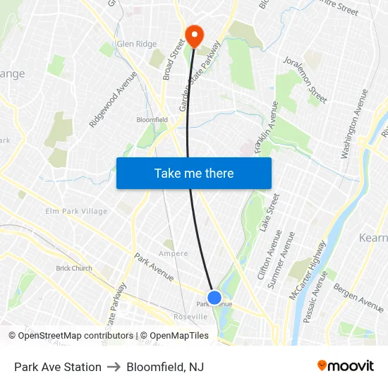 Park Ave Station to Bloomfield, NJ map