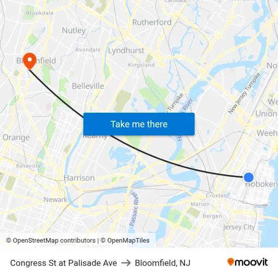 Congress St at Palisade Ave to Bloomfield, NJ map