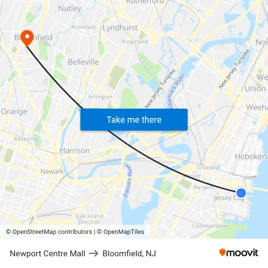 Newport Centre Mall to Bloomfield, NJ map